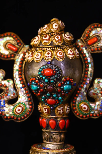 12"Tibetan Temple Collection Natural Crystal Tibetan silver Mosaic Gem gZi Beads Shell Buddha Conch Base Set Amulet Town house