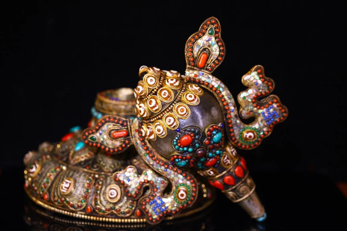 12"Tibetan Temple Collection Natural Crystal Tibetan silver Mosaic Gem gZi Beads Shell Buddha Conch Base Set Amulet Town house