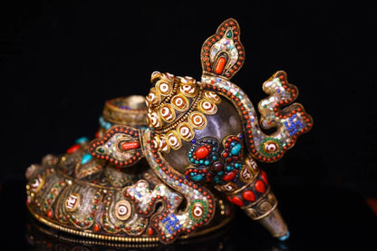 12"Tibetan Temple Collection Natural Crystal Tibetan silver Mosaic Gem gZi Beads Shell Buddha Conch Base Set Amulet Town house