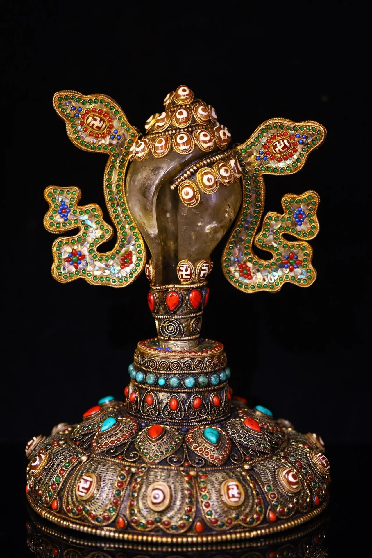 12"Tibetan Temple Collection Natural Crystal Tibetan silver Mosaic Gem gZi Beads Shell Buddha Conch Base Set Amulet Town house