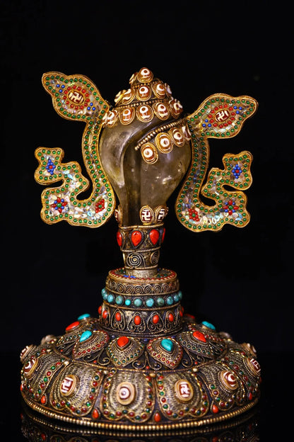 12"Tibetan Temple Collection Natural Crystal Tibetan silver Mosaic Gem gZi Beads Shell Buddha Conch Base Set Amulet Town house