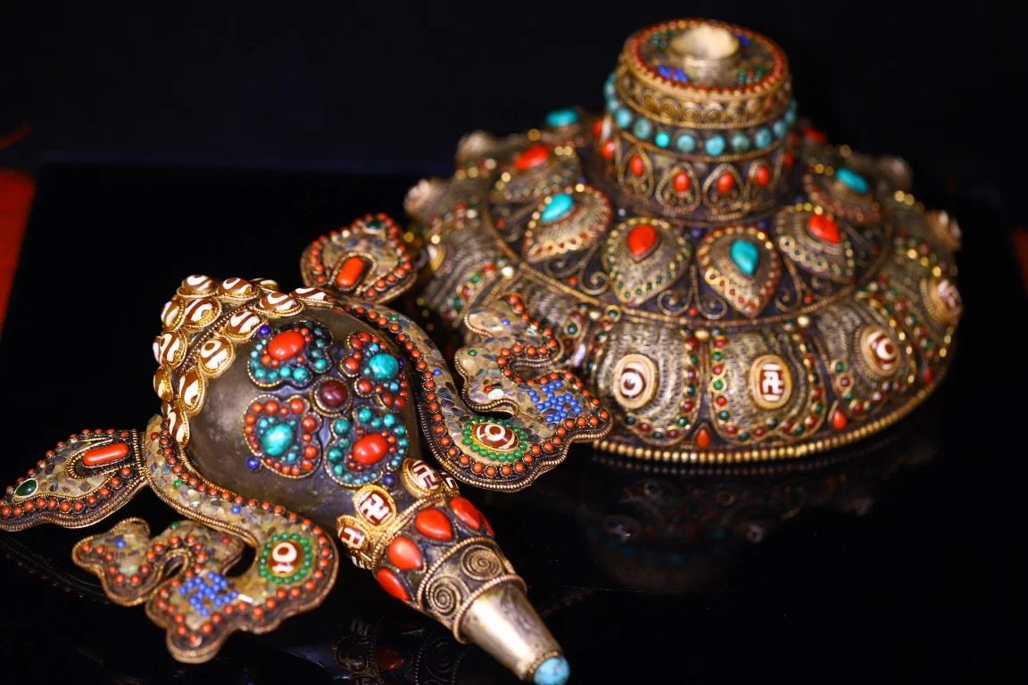 12"Tibetan Temple Collection Natural Crystal Tibetan silver Mosaic Gem gZi Beads Shell Buddha Conch Base Set Amulet Town house