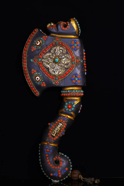 12"Tibetan Temple Collection Natural Meteorite Painted mosaic gem Dzi Beads axe shape magic weapon Amulet pendant Town house