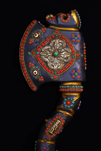 12"Tibetan Temple Collection Natural Meteorite Painted mosaic gem Dzi Beads axe shape magic weapon Amulet pendant Town house