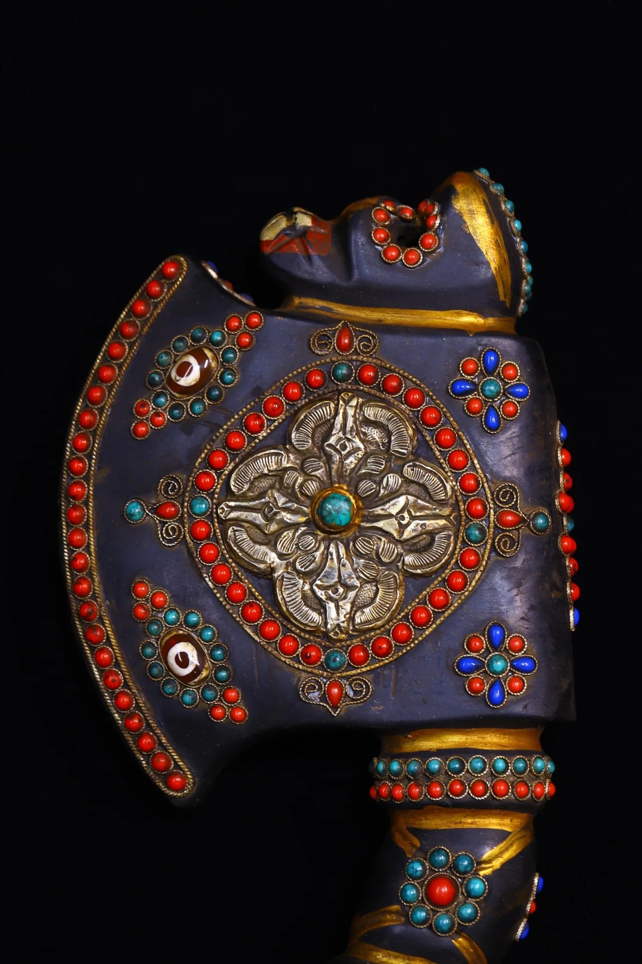 12"Tibetan Temple Collection Natural Meteorite Painted mosaic gem Dzi Beads axe shape magic weapon Amulet pendant Town house