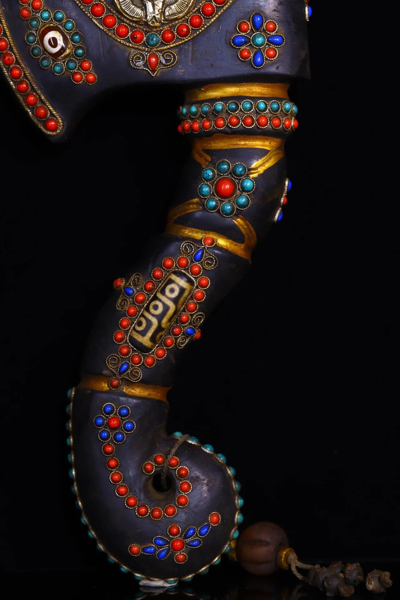 12"Tibetan Temple Collection Natural Meteorite Painted mosaic gem Dzi Beads axe shape magic weapon Amulet pendant Town house