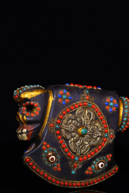 12"Tibetan Temple Collection Natural Meteorite Painted mosaic gem Dzi Beads axe shape magic weapon Amulet pendant Town house