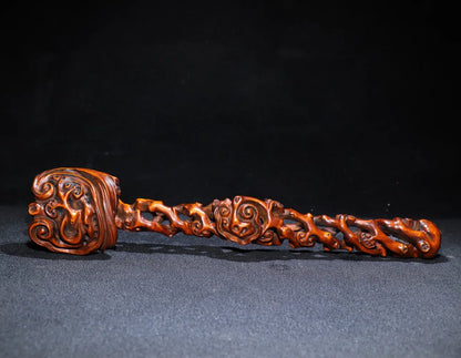 12"Tibetan Temple Collection Old Boxwood carved Ganoderma Lucidum ruyi Implication All wishes come true Ornaments Town House