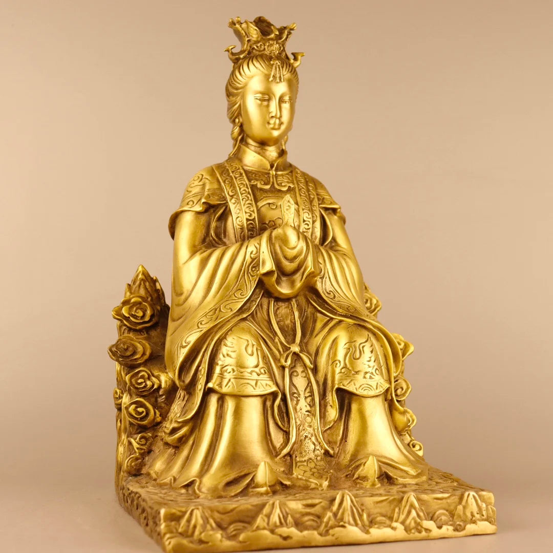 12"Tibetan Temple Collection Old Brass Bixia Yuanjun Mount Taishan Empress Human goodness and evil Worship Hall Town house