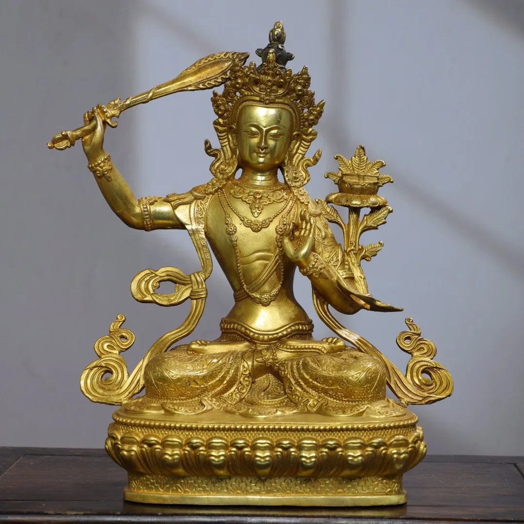 12"Tibetan Temple Collection Old Bronze Cinnabar Gilded Manjushri Bodhisattva Sitting Buddha Lotus Platform Worship Hall