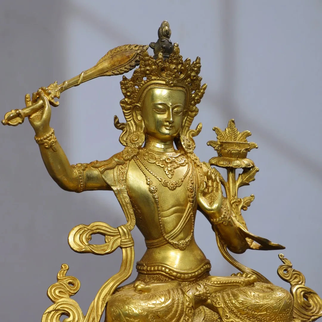 12"Tibetan Temple Collection Old Bronze Cinnabar Gilded Manjushri Bodhisattva Sitting Buddha Lotus Platform Worship Hall