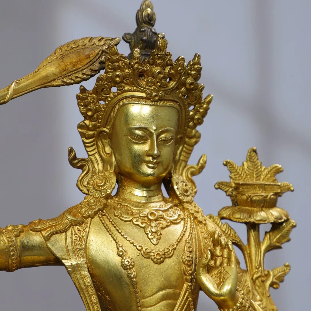 12"Tibetan Temple Collection Old Bronze Cinnabar Gilded Manjushri Bodhisattva Sitting Buddha Lotus Platform Worship Hall