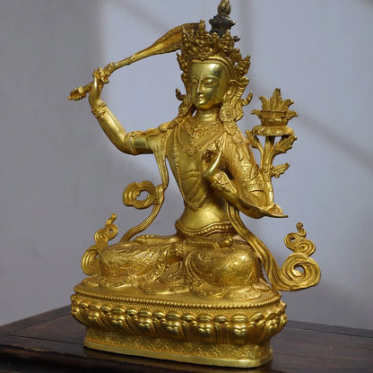12"Tibetan Temple Collection Old Bronze Cinnabar Gilded Manjushri Bodhisattva Sitting Buddha Lotus Platform Worship Hall