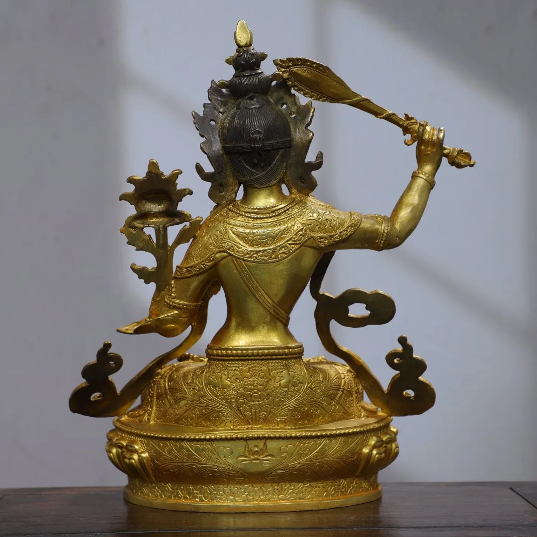 12"Tibetan Temple Collection Old Bronze Cinnabar Gilded Manjushri Bodhisattva Sitting Buddha Lotus Platform Worship Hall