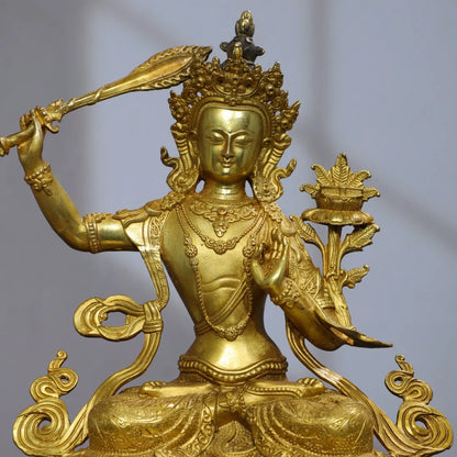 12"Tibetan Temple Collection Old Bronze Cinnabar Gilded Manjushri Bodhisattva Sitting Buddha Lotus Platform Worship Hall
