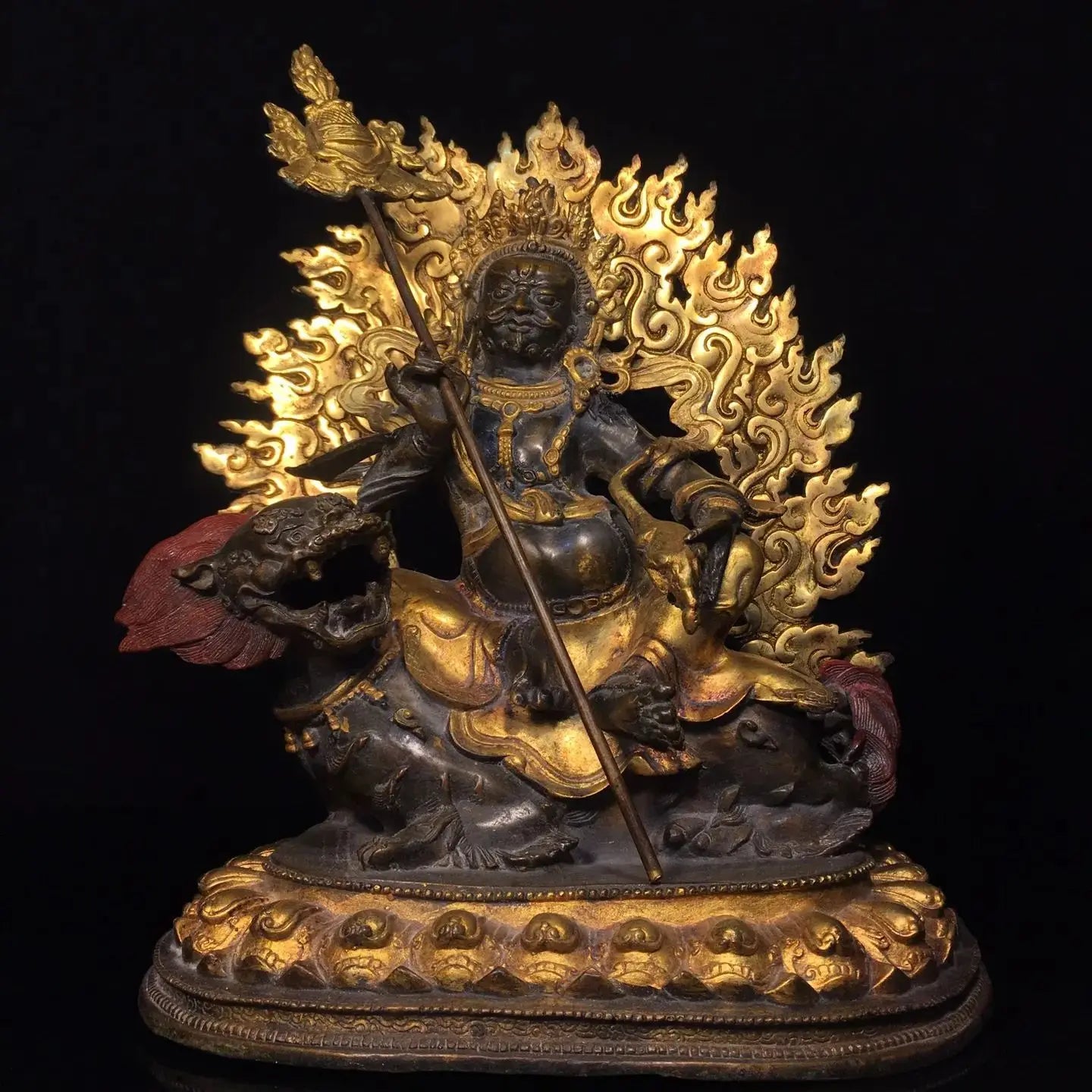 12"Tibetan Temple Collection Old Bronze Cinnabar Gilded Vaisravana Treasure King Sitting Buddha  Lotus Platform Worship Hall
