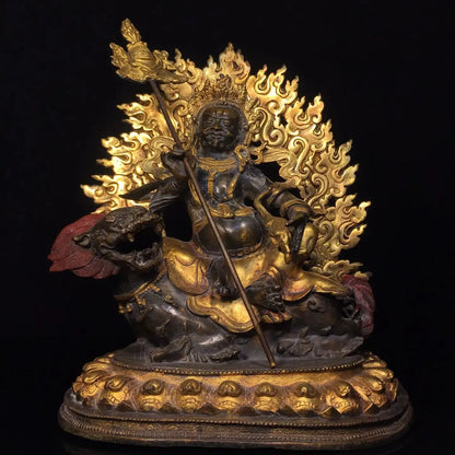 12"Tibetan Temple Collection Old Bronze Cinnabar Gilded Vaisravana Treasure King Sitting Buddha  Lotus Platform Worship Hall