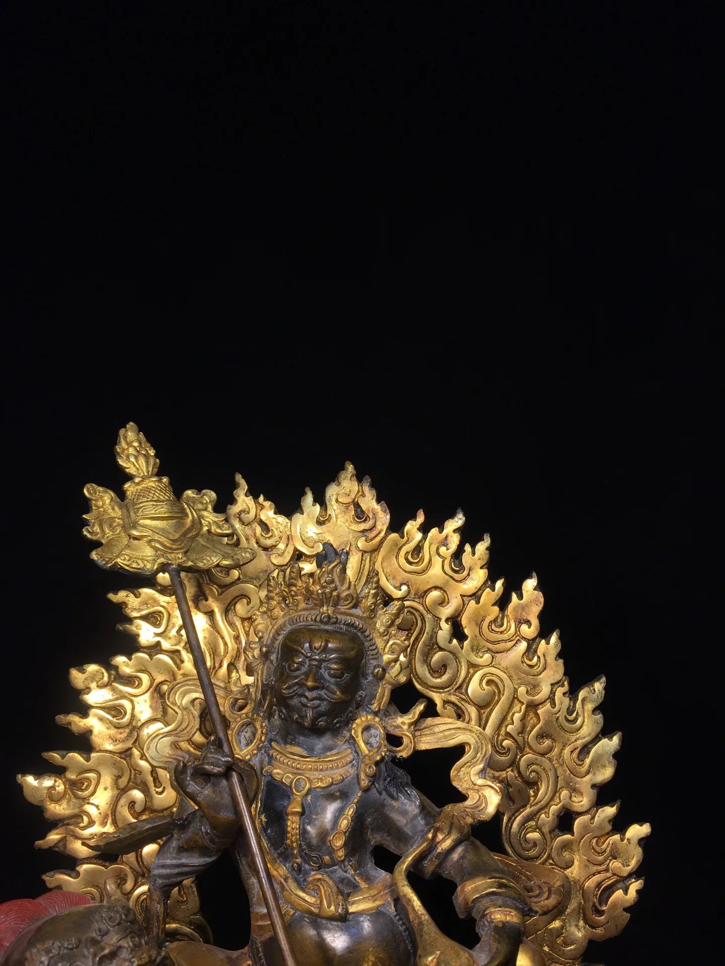 12"Tibetan Temple Collection Old Bronze Cinnabar Gilded Vaisravana Treasure King Sitting Buddha  Lotus Platform Worship Hall