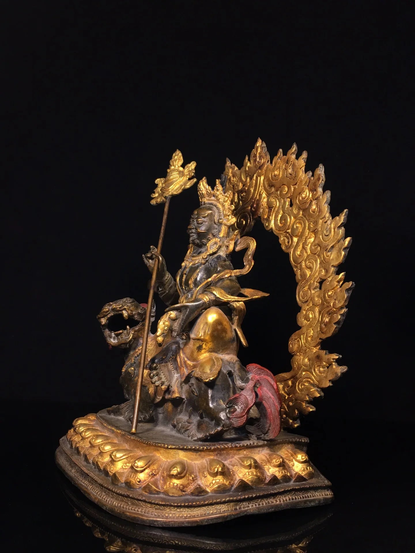 12"Tibetan Temple Collection Old Bronze Cinnabar Gilded Vaisravana Treasure King Sitting Buddha  Lotus Platform Worship Hall