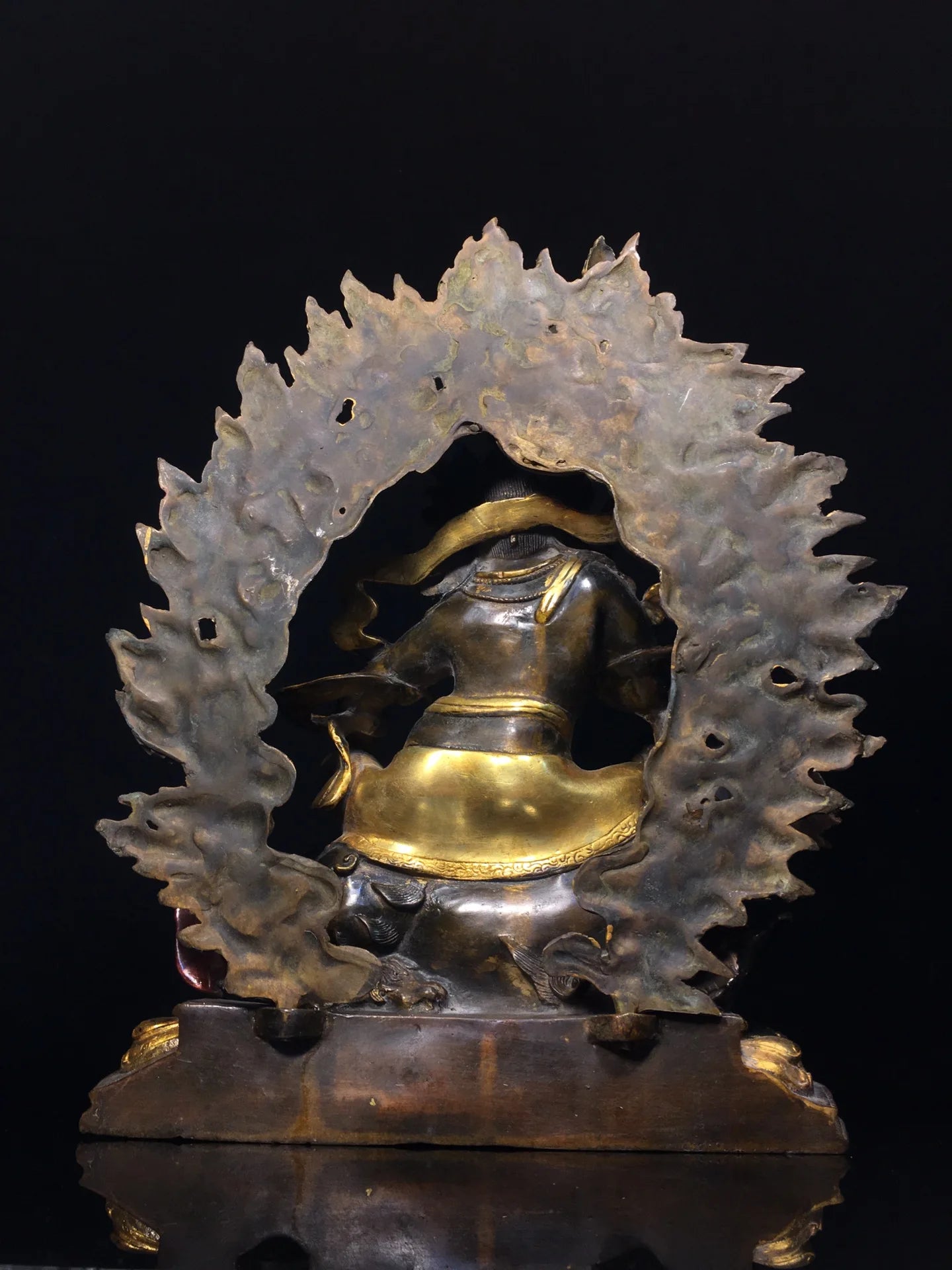 12"Tibetan Temple Collection Old Bronze Cinnabar Gilded Vaisravana Treasure King Sitting Buddha  Lotus Platform Worship Hall