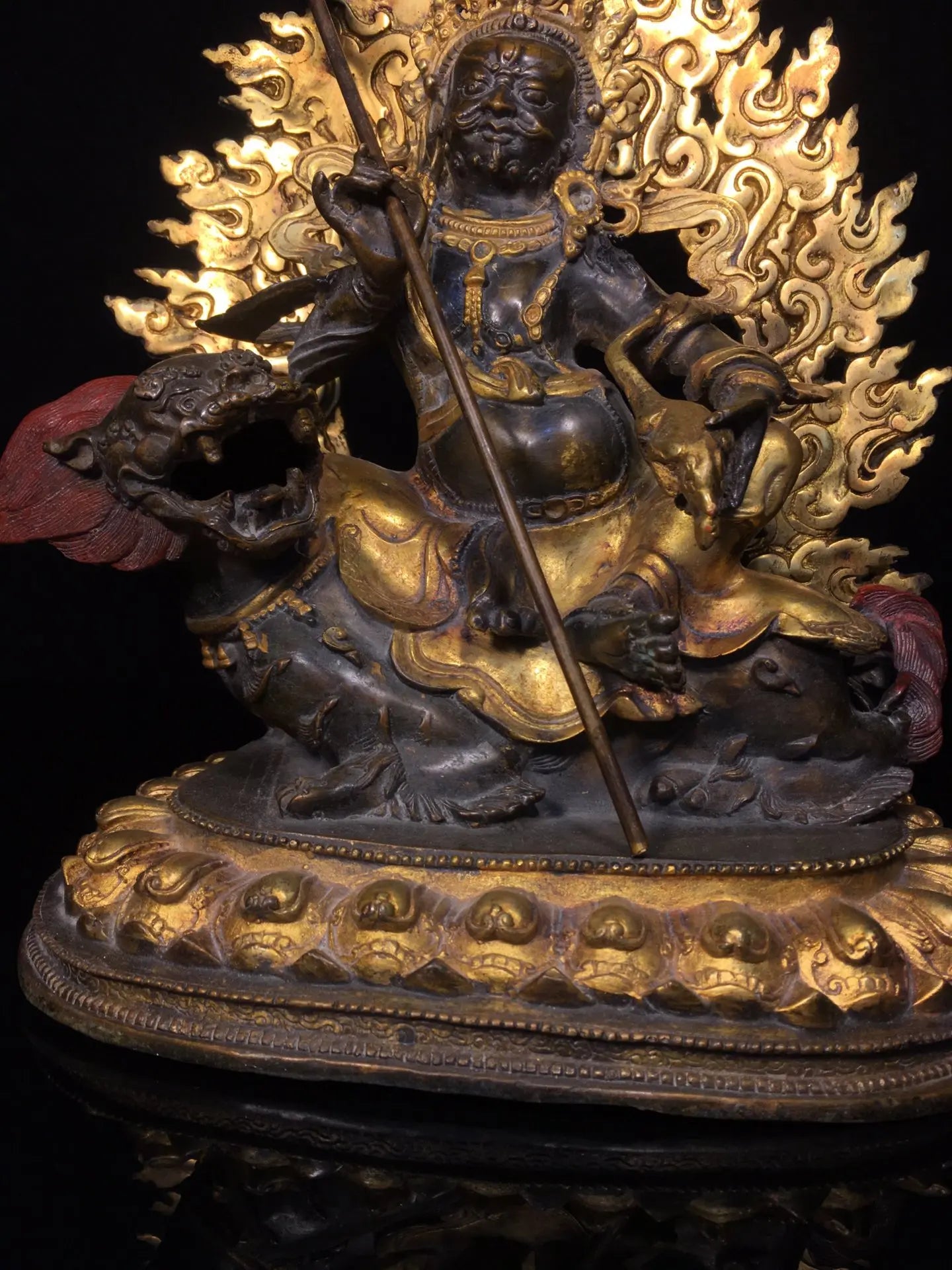 12"Tibetan Temple Collection Old Bronze Cinnabar Gilded Vaisravana Treasure King Sitting Buddha  Lotus Platform Worship Hall