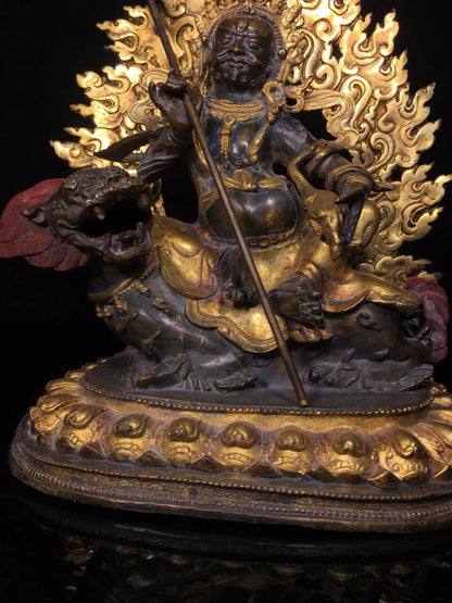 12"Tibetan Temple Collection Old Bronze Cinnabar Gilded Vaisravana Treasure King Sitting Buddha  Lotus Platform Worship Hall