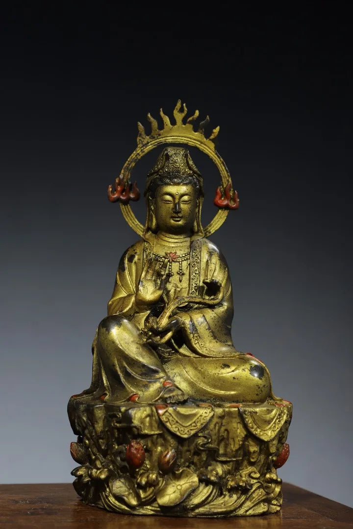 12"Tibetan Temple Collection Old Bronze Cinnabar Gilt Flame Ring Backlight Guanyin Bodhisattva Sitting Buddha Worship Hall