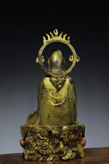 12"Tibetan Temple Collection Old Bronze Cinnabar Gilt Flame Ring Backlight Guanyin Bodhisattva Sitting Buddha Worship Hall
