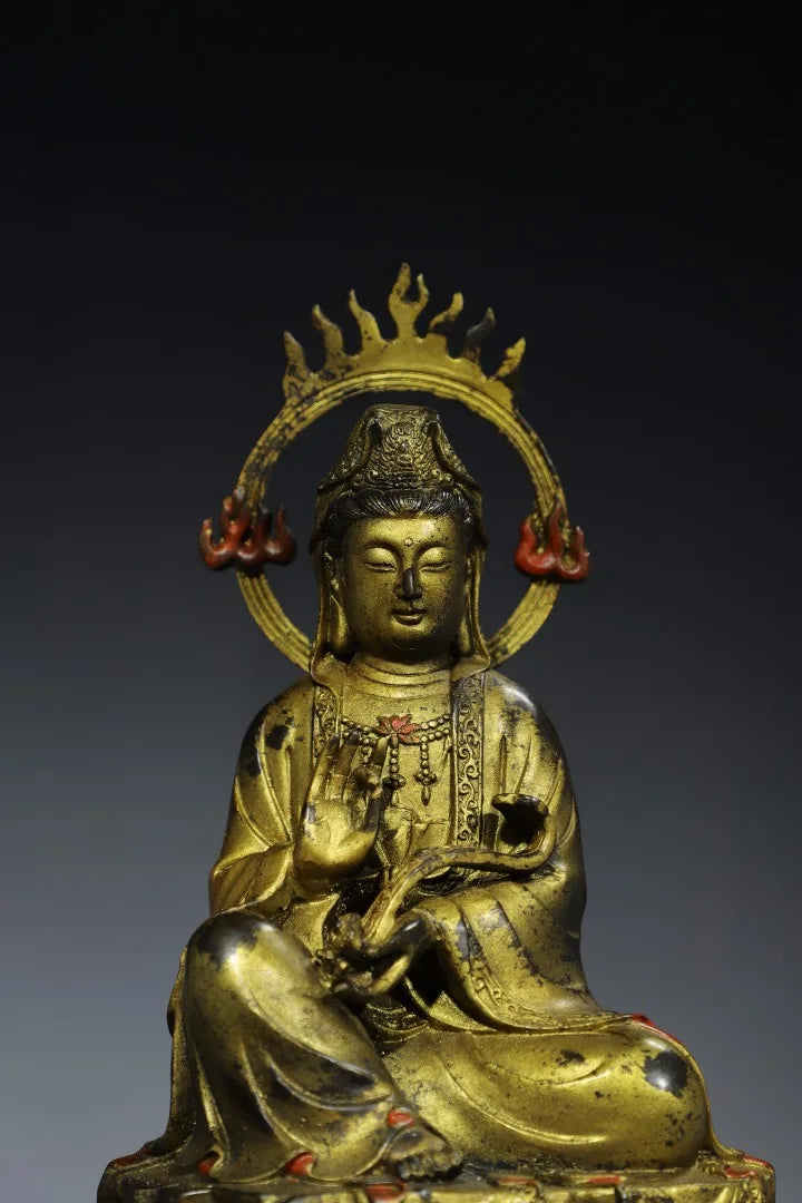 12"Tibetan Temple Collection Old Bronze Cinnabar Gilt Flame Ring Backlight Guanyin Bodhisattva Sitting Buddha Worship Hall