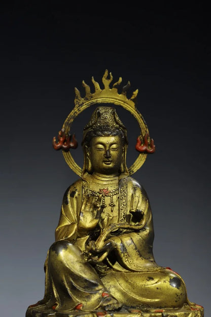 12"Tibetan Temple Collection Old Bronze Cinnabar Gilt Flame Ring Backlight Guanyin Bodhisattva Sitting Buddha Worship Hall