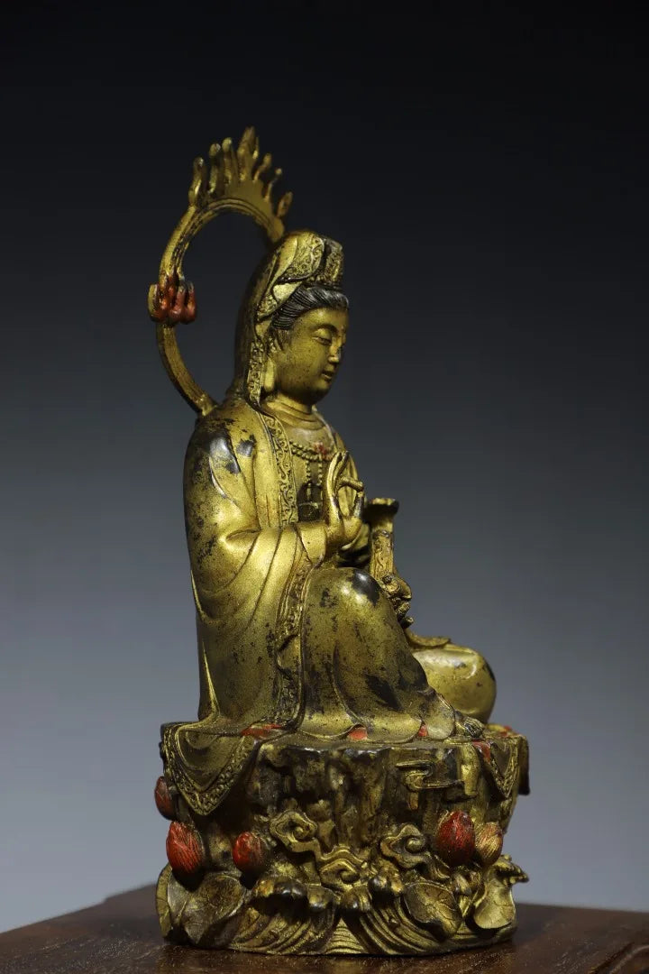 12"Tibetan Temple Collection Old Bronze Cinnabar Gilt Flame Ring Backlight Guanyin Bodhisattva Sitting Buddha Worship Hall