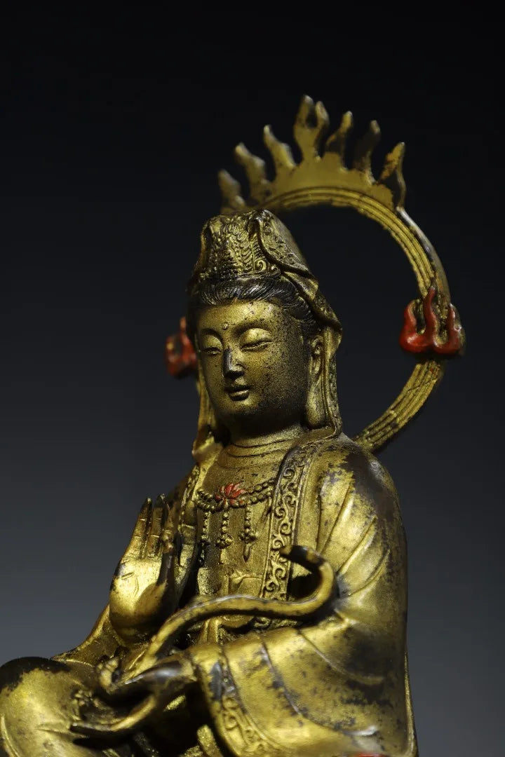 12"Tibetan Temple Collection Old Bronze Cinnabar Gilt Flame Ring Backlight Guanyin Bodhisattva Sitting Buddha Worship Hall