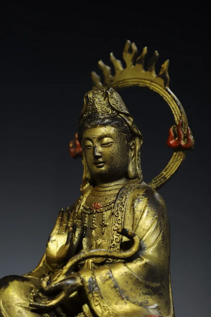 12"Tibetan Temple Collection Old Bronze Cinnabar Gilt Flame Ring Backlight Guanyin Bodhisattva Sitting Buddha Worship Hall