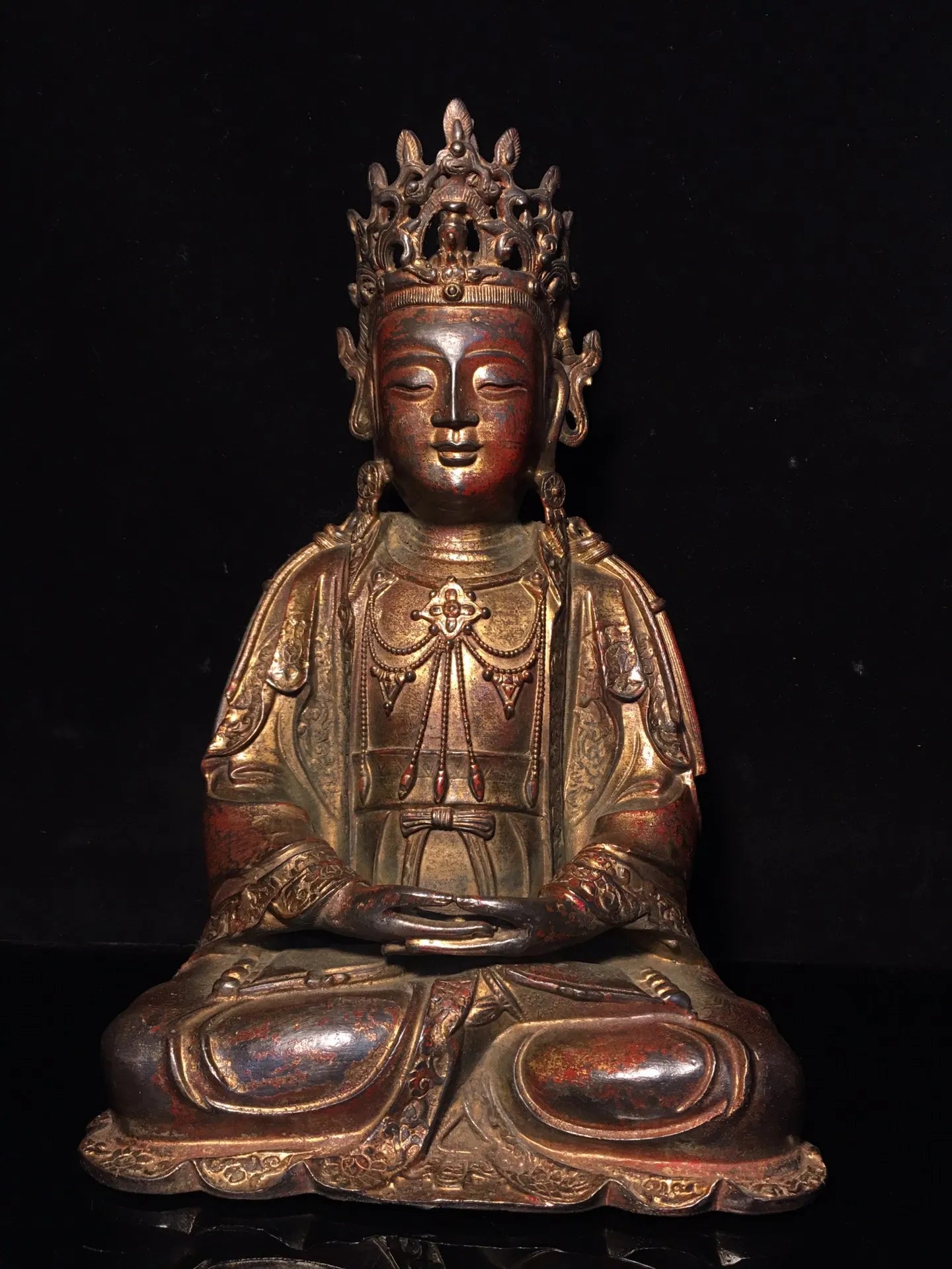 12"Tibetan Temple Collection Old Bronze Cinnabar Mud gold Avalokitesvara Buddha Amitabha worship buddha Town house Exorcism