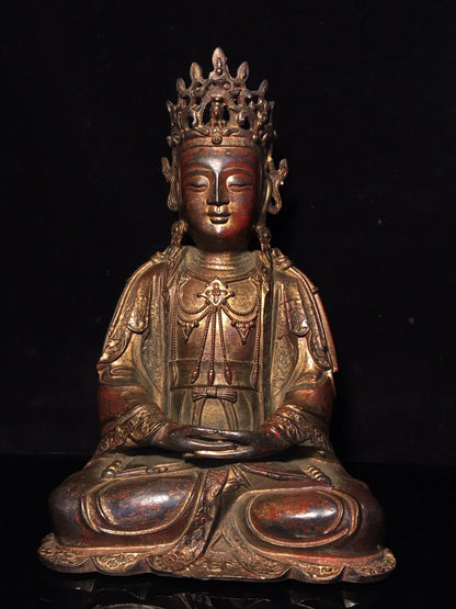 12"Tibetan Temple Collection Old Bronze Cinnabar Mud gold Avalokitesvara Buddha Amitabha worship buddha Town house Exorcism