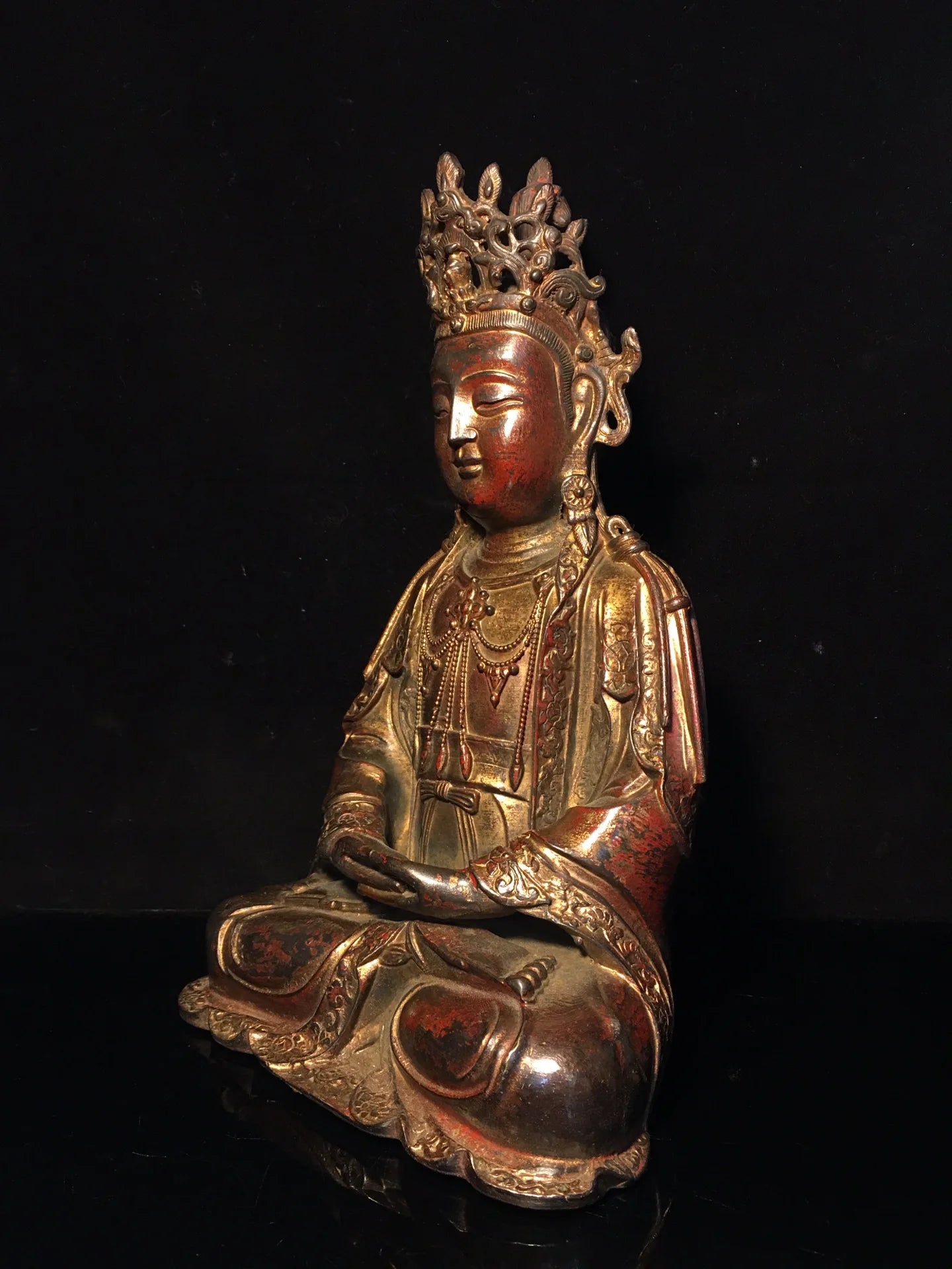 12"Tibetan Temple Collection Old Bronze Cinnabar Mud gold Avalokitesvara Buddha Amitabha worship buddha Town house Exorcism