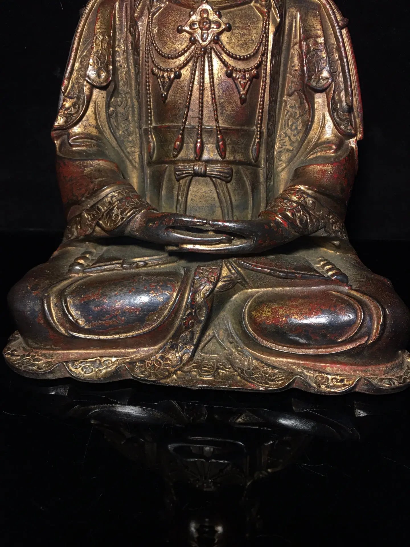 12"Tibetan Temple Collection Old Bronze Cinnabar Mud gold Avalokitesvara Buddha Amitabha worship buddha Town house Exorcism