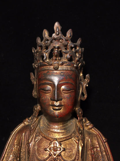 12"Tibetan Temple Collection Old Bronze Cinnabar Mud gold Avalokitesvara Buddha Amitabha worship buddha Town house Exorcism