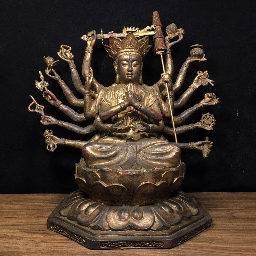 12"Tibetan Temple Collection Old Bronze Cinnabar Mud gold Cundhi Bodhisattva 1000 Arm Guanyin Buddha worship hall Town House