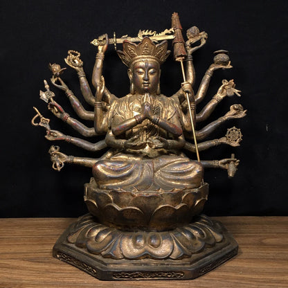 12"Tibetan Temple Collection Old Bronze Cinnabar Mud gold Cundhi Bodhisattva 1000 Arm Guanyin Buddha worship hall Town House