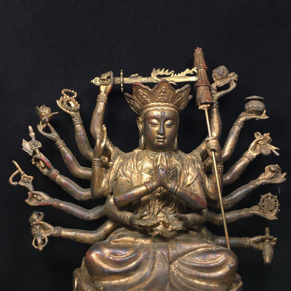 12"Tibetan Temple Collection Old Bronze Cinnabar Mud gold Cundhi Bodhisattva 1000 Arm Guanyin Buddha worship hall Town House