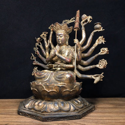 12"Tibetan Temple Collection Old Bronze Cinnabar Mud gold Cundhi Bodhisattva 1000 Arm Guanyin Buddha worship hall Town House