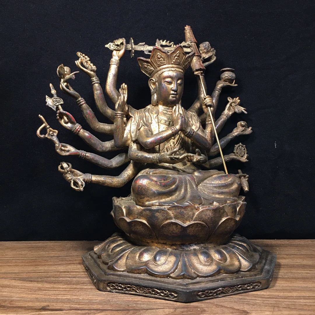 12"Tibetan Temple Collection Old Bronze Cinnabar Mud gold Cundhi Bodhisattva 1000 Arm Guanyin Buddha worship hall Town House