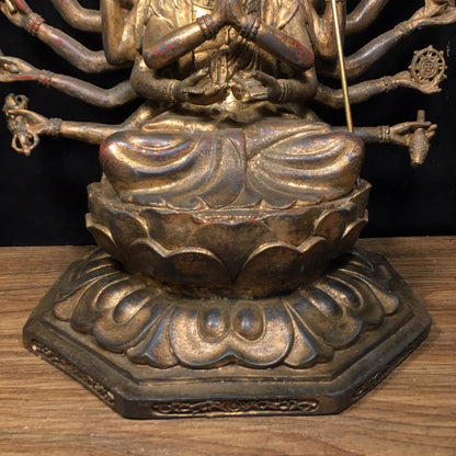 12"Tibetan Temple Collection Old Bronze Cinnabar Mud gold Cundhi Bodhisattva 1000 Arm Guanyin Buddha worship hall Town House