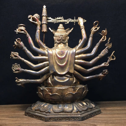 12"Tibetan Temple Collection Old Bronze Cinnabar Mud gold Cundhi Bodhisattva 1000 Arm Guanyin Buddha worship hall Town House
