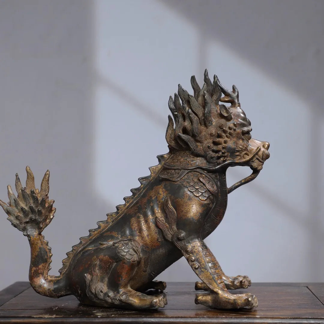 12"Tibetan Temple Collection Old Bronze Cinnabar Mud gold Kylin Beast Statue Amass wealth Ornaments Worship Hall Town house