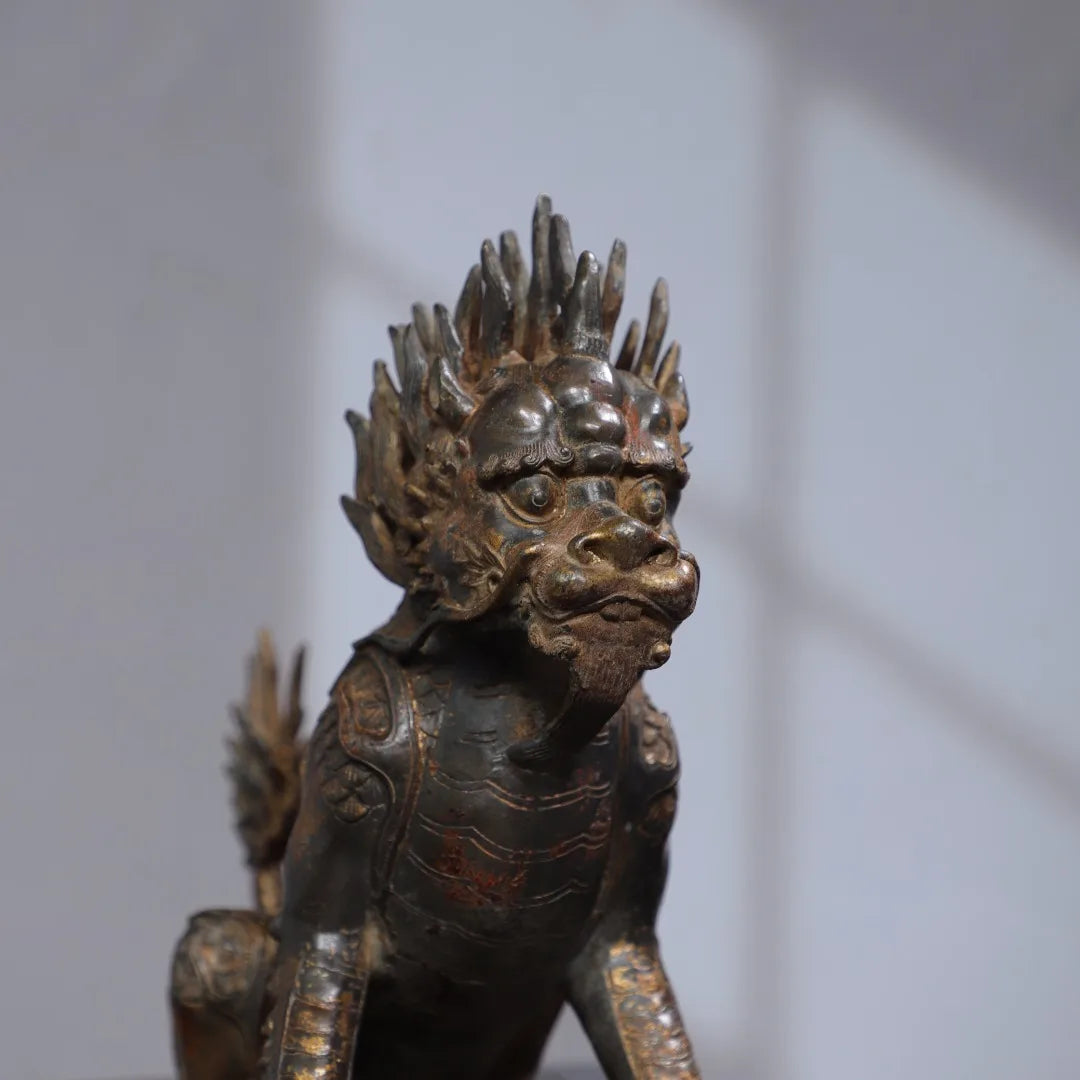 12"Tibetan Temple Collection Old Bronze Cinnabar Mud gold Kylin Beast Statue Amass wealth Ornaments Worship Hall Town house