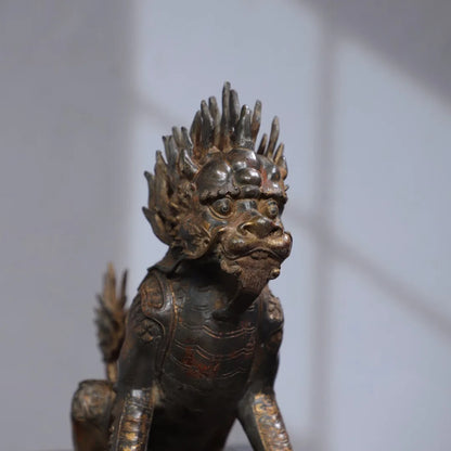 12"Tibetan Temple Collection Old Bronze Cinnabar Mud gold Kylin Beast Statue Amass wealth Ornaments Worship Hall Town house