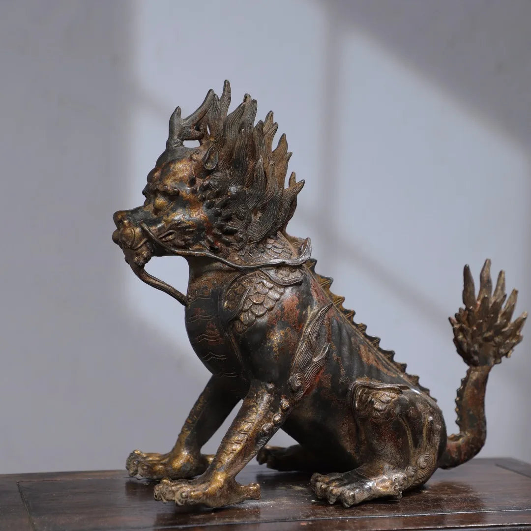 12"Tibetan Temple Collection Old Bronze Cinnabar Mud gold Kylin Beast Statue Amass wealth Ornaments Worship Hall Town house