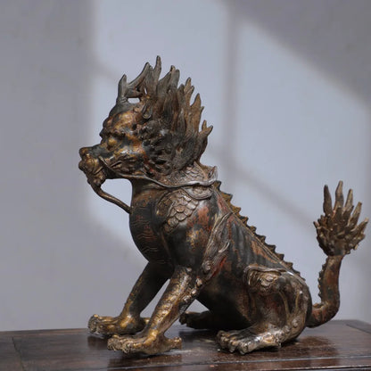 12"Tibetan Temple Collection Old Bronze Cinnabar Mud gold Kylin Beast Statue Amass wealth Ornaments Worship Hall Town house
